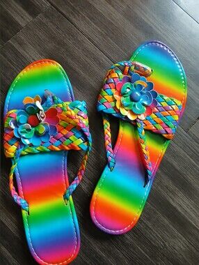Neon Rainbow Colored Floral Sandals- Size 10
